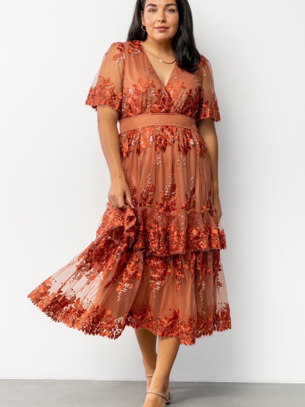 Baltic Born Lotte Embroidered Midi Dress | Rust Size LL - Picture 3 of 5